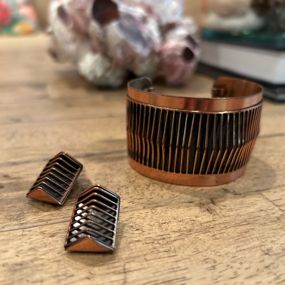 Vintage Mid Century Renoir Copper Bangle Cuff Bracelet and Earrings Set.